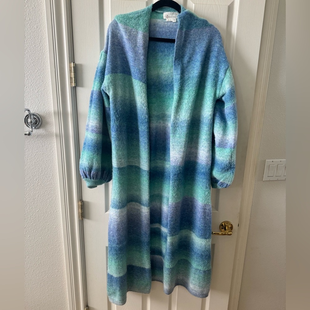 Anthropologie Blue and Green Ombre Long Open-Front Cardigan